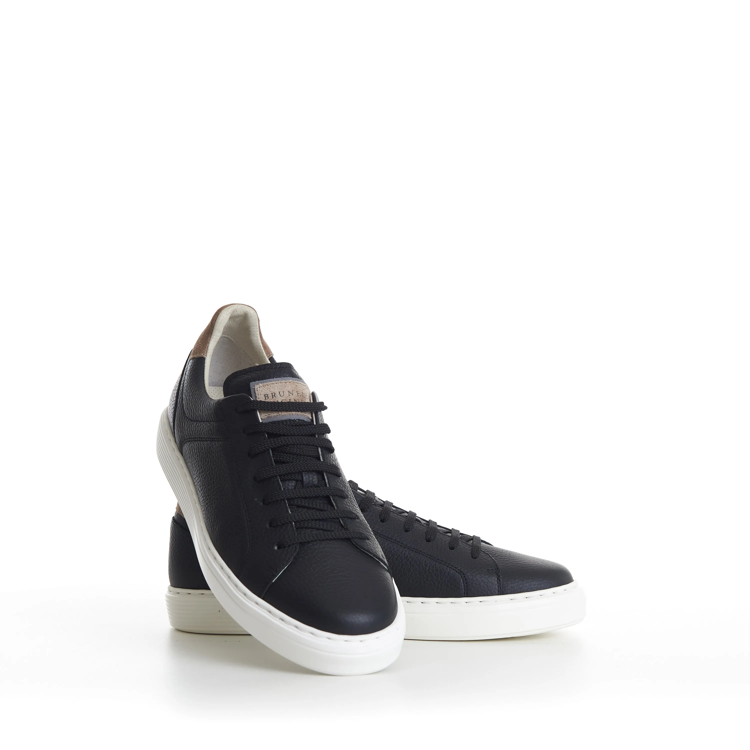 Black Low-top Sneakers - Grained Leather, Rubber Sole, Suede-Trim