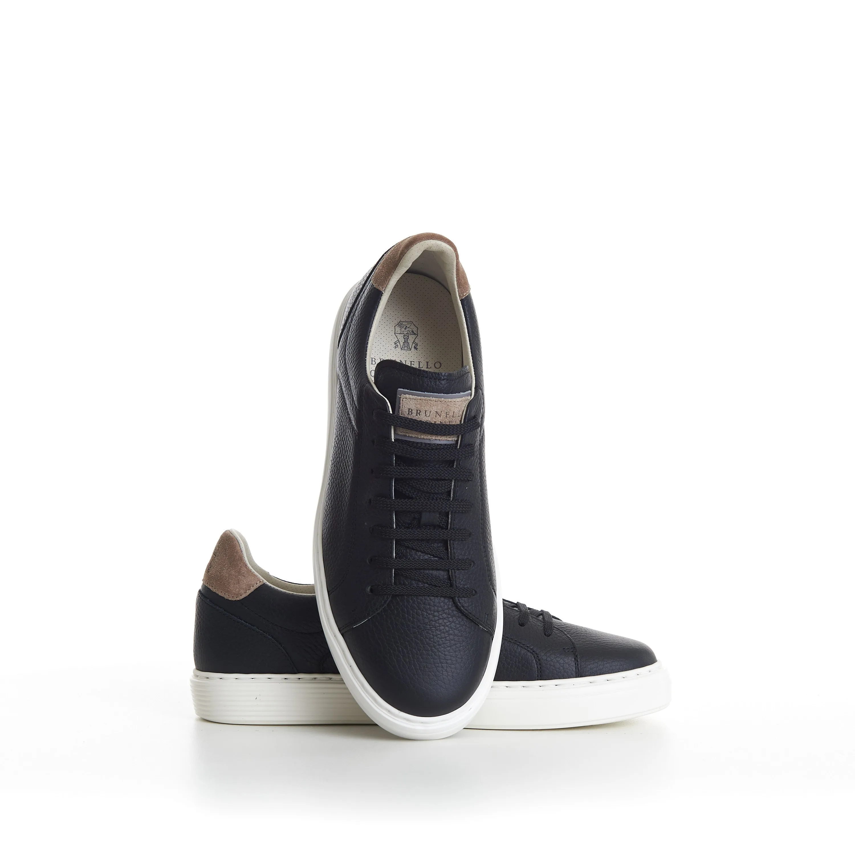 Black Low-top Sneakers - Grained Leather, Rubber Sole, Suede-Trim