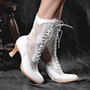 British Style Steampunk Lace-panelled Ladies Boots in White