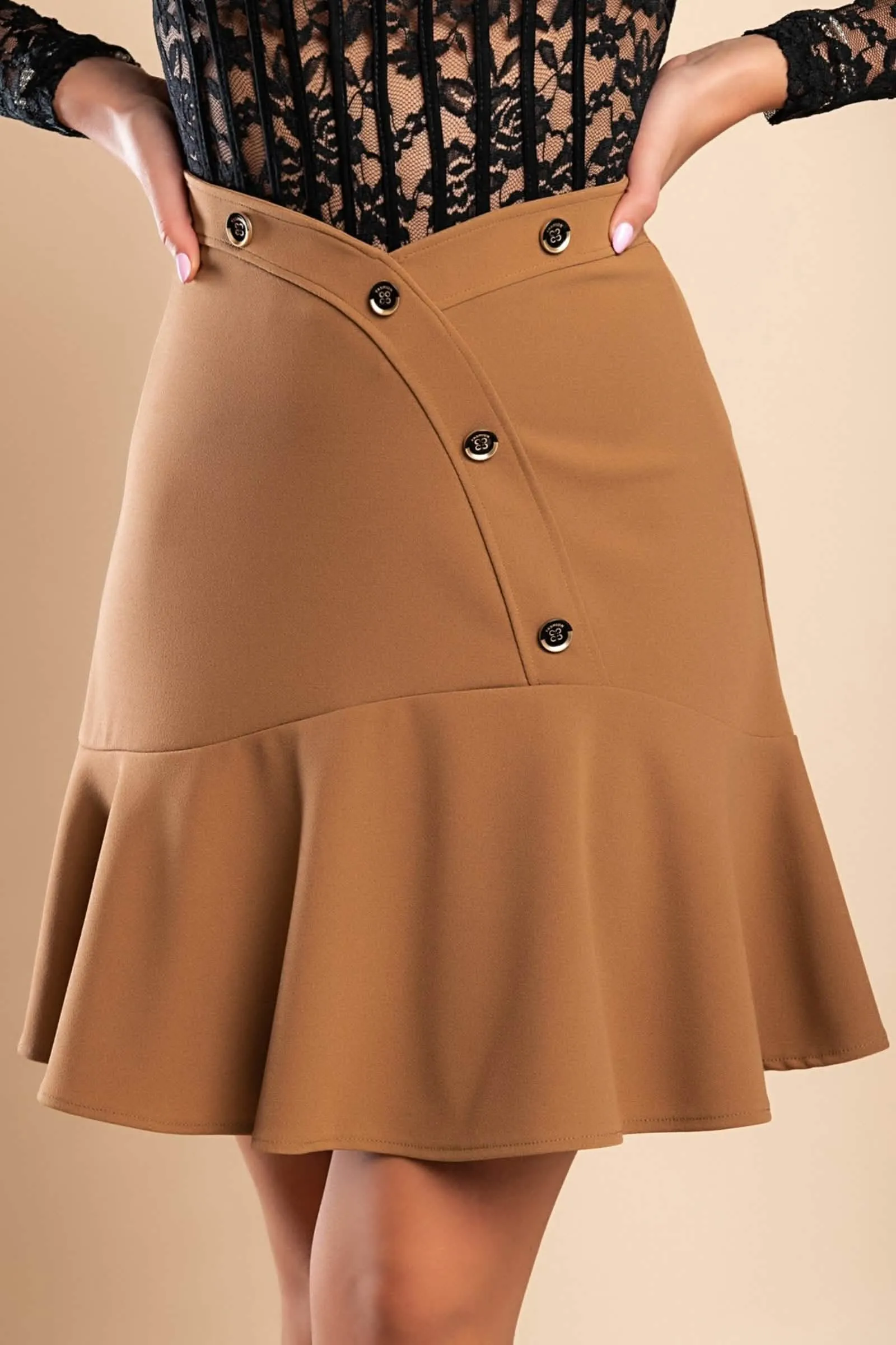 Camel Chic Button-Detailed High-Waisted Mini Skirt