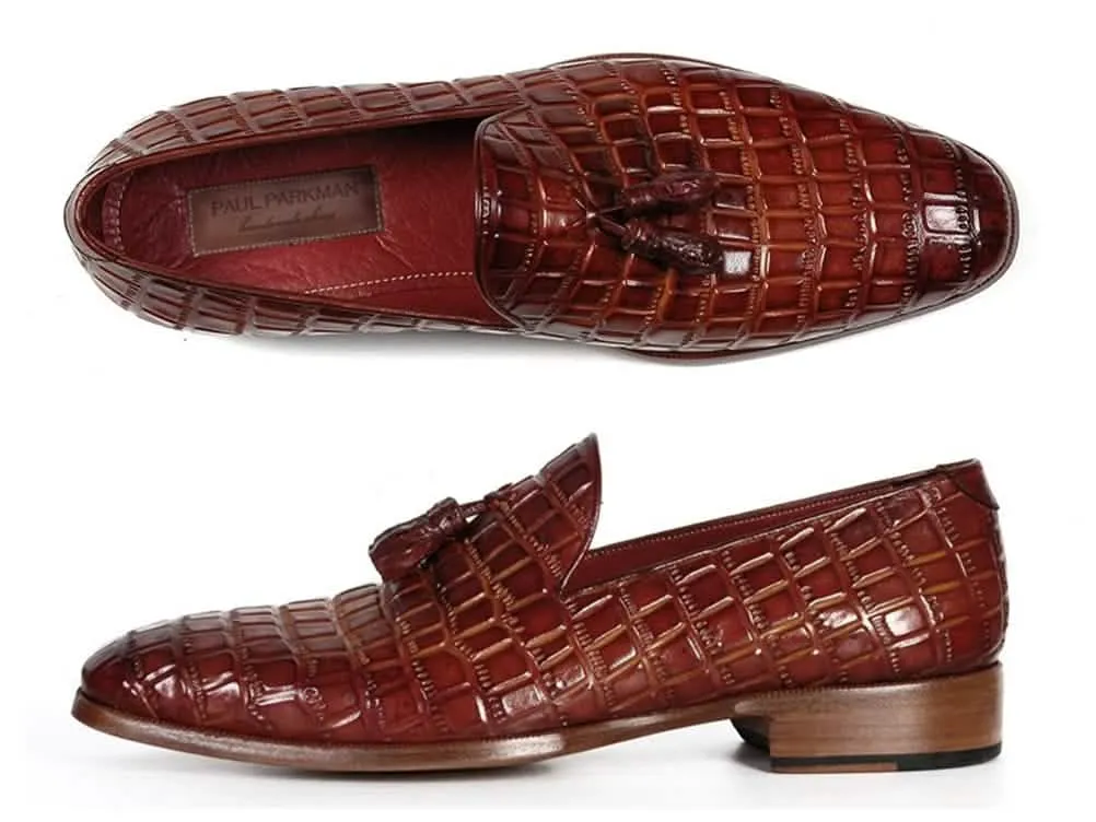 Custom Hand-Painted Brown Crocodile-Embossed Calfskin Slip-On Tassel Loafers