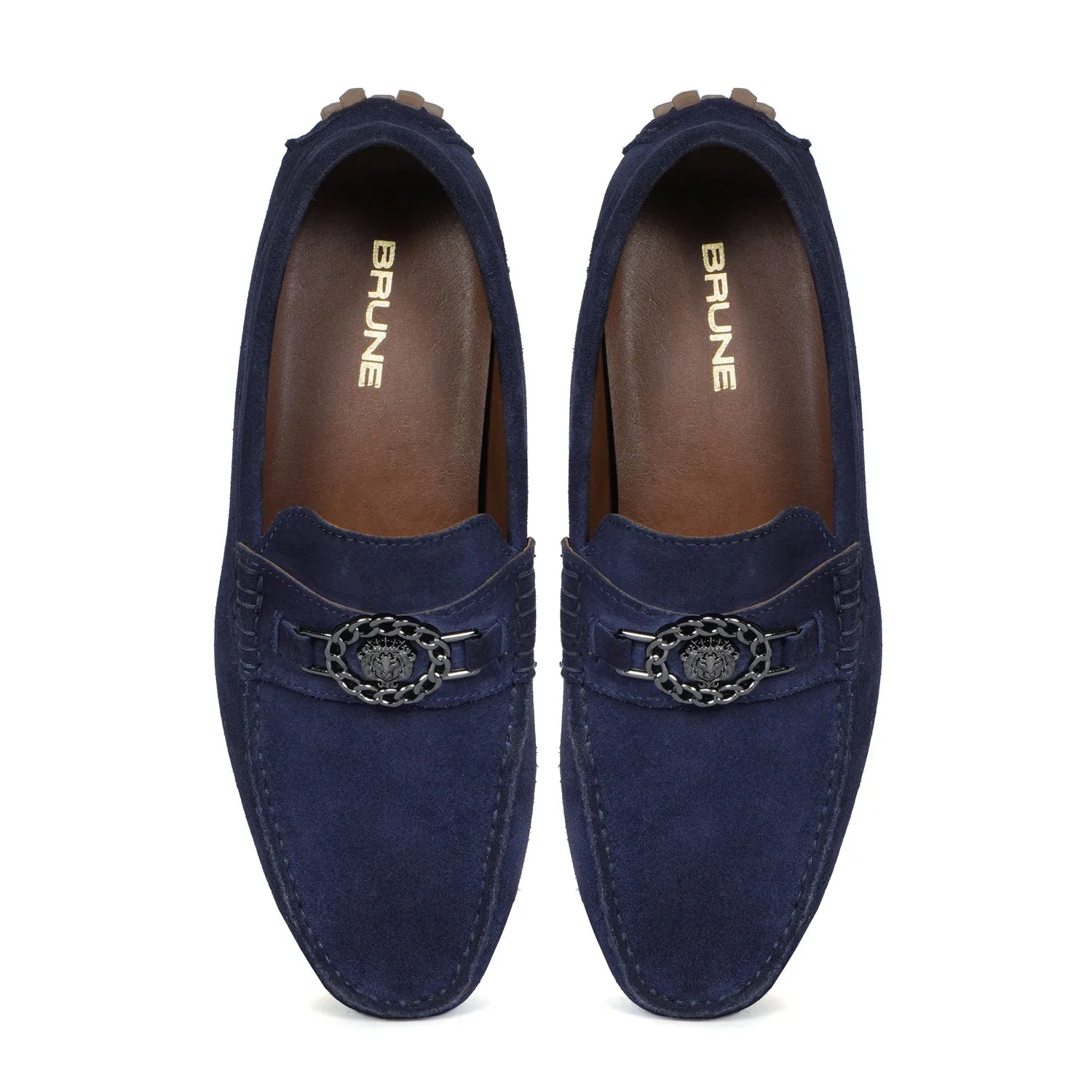 Driver Sole Loafer Trademark Logo with Chain Embellishment in Suede leather