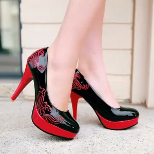 Embroidered High Heels in Black and Red for Stylish Ladies Court Shoes