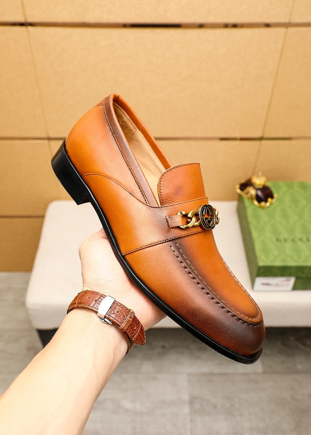 GG MEN'S BROWN LEATHER LOAFERS