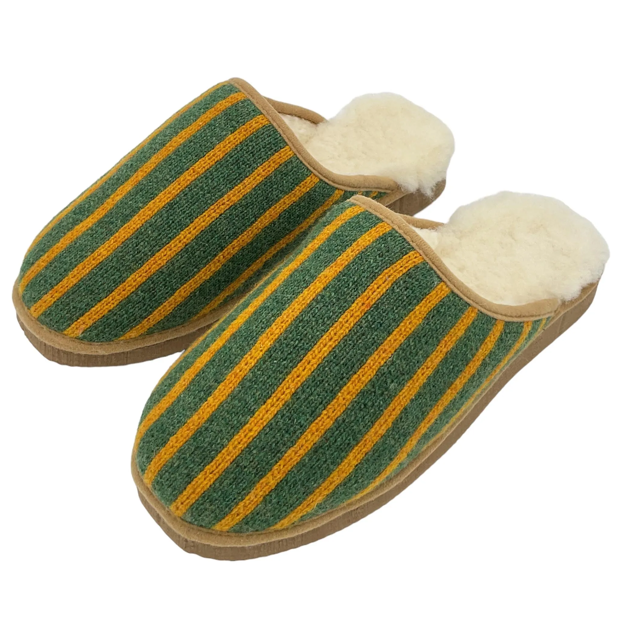 Green & Mustard Stripe Lambswool & Sheepskin Slippers