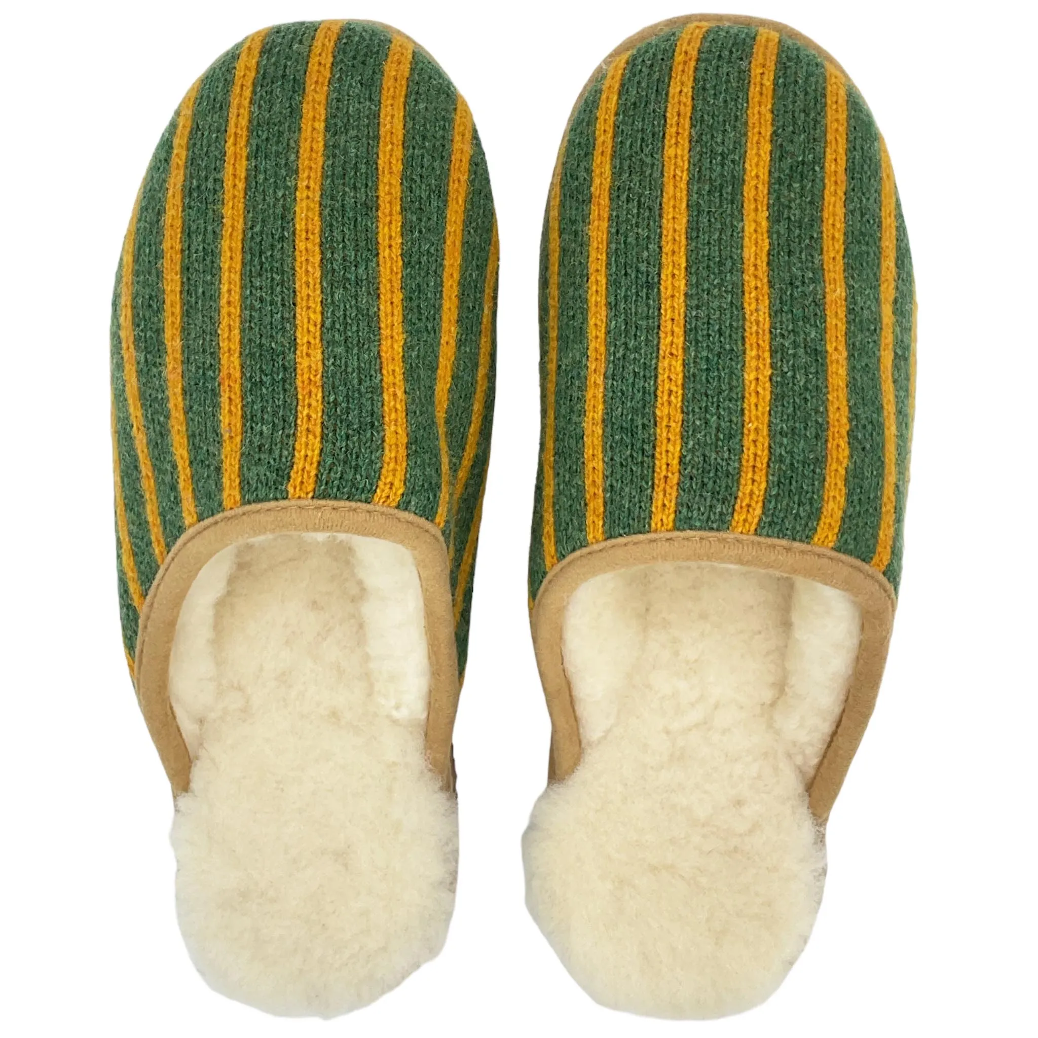 Green & Mustard Stripe Lambswool & Sheepskin Slippers