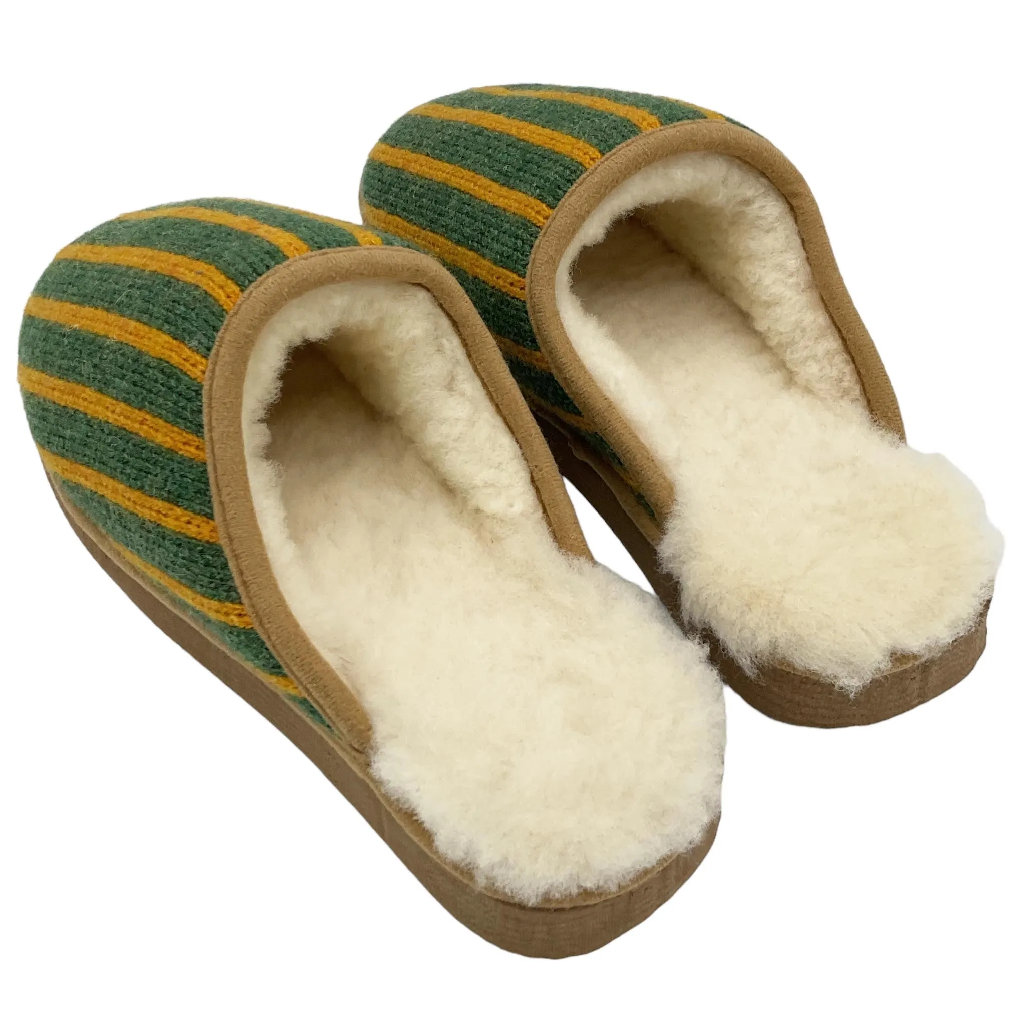 Green & Mustard Stripe Lambswool & Sheepskin Slippers