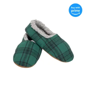 Green Plaid Mens Plush Lined Cozy Non Slip Indoor Soft Slippers - Medium