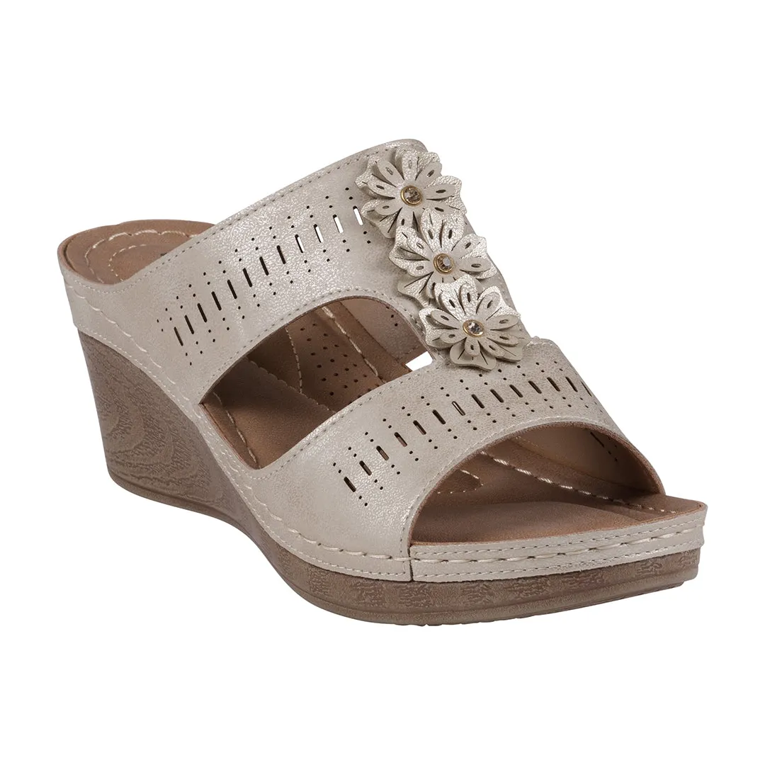 Lisette Perforated Ice T-Strap Flower Wedge Sandals