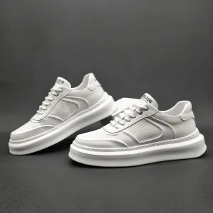 Men Casual Breathable Pure White Leather Sneakers