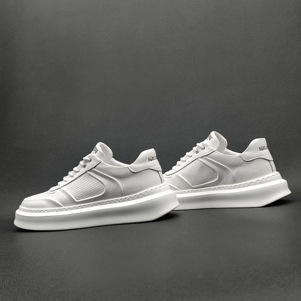 Men Casual Breathable Pure White Leather Sneakers