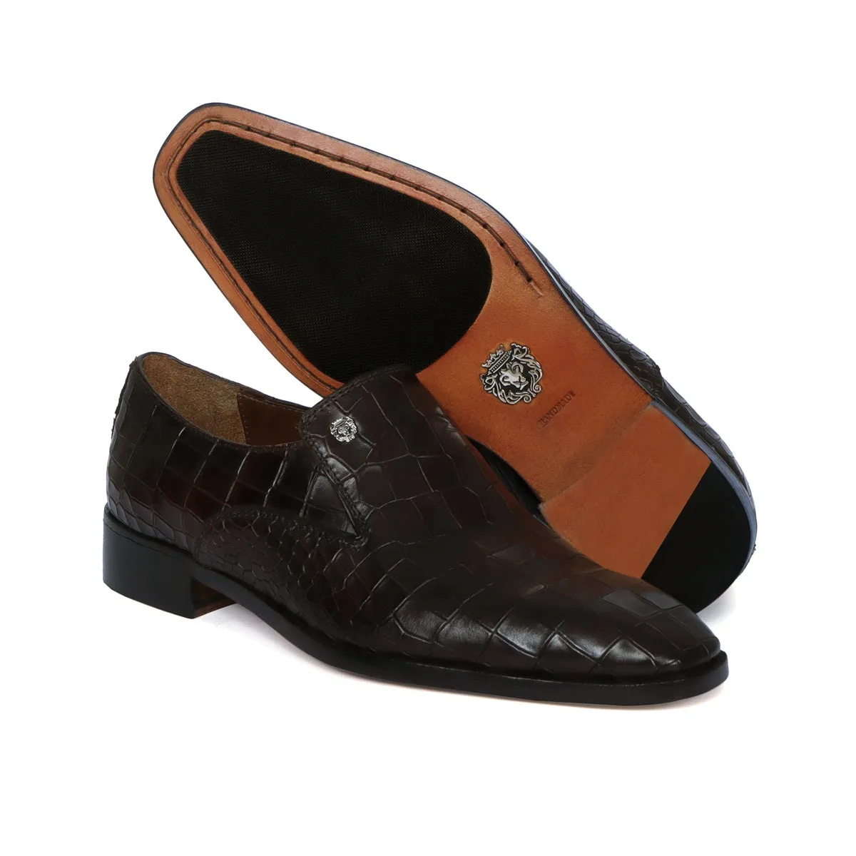 Men Italian Loafer with Dark Brown Deep Cut Croco Textured Leather