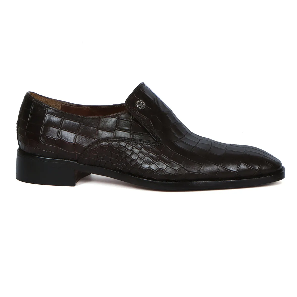 Men Italian Loafer with Dark Brown Deep Cut Croco Textured Leather