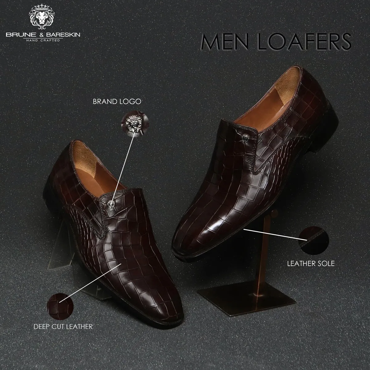 Men Italian Loafer with Dark Brown Deep Cut Croco Textured Leather