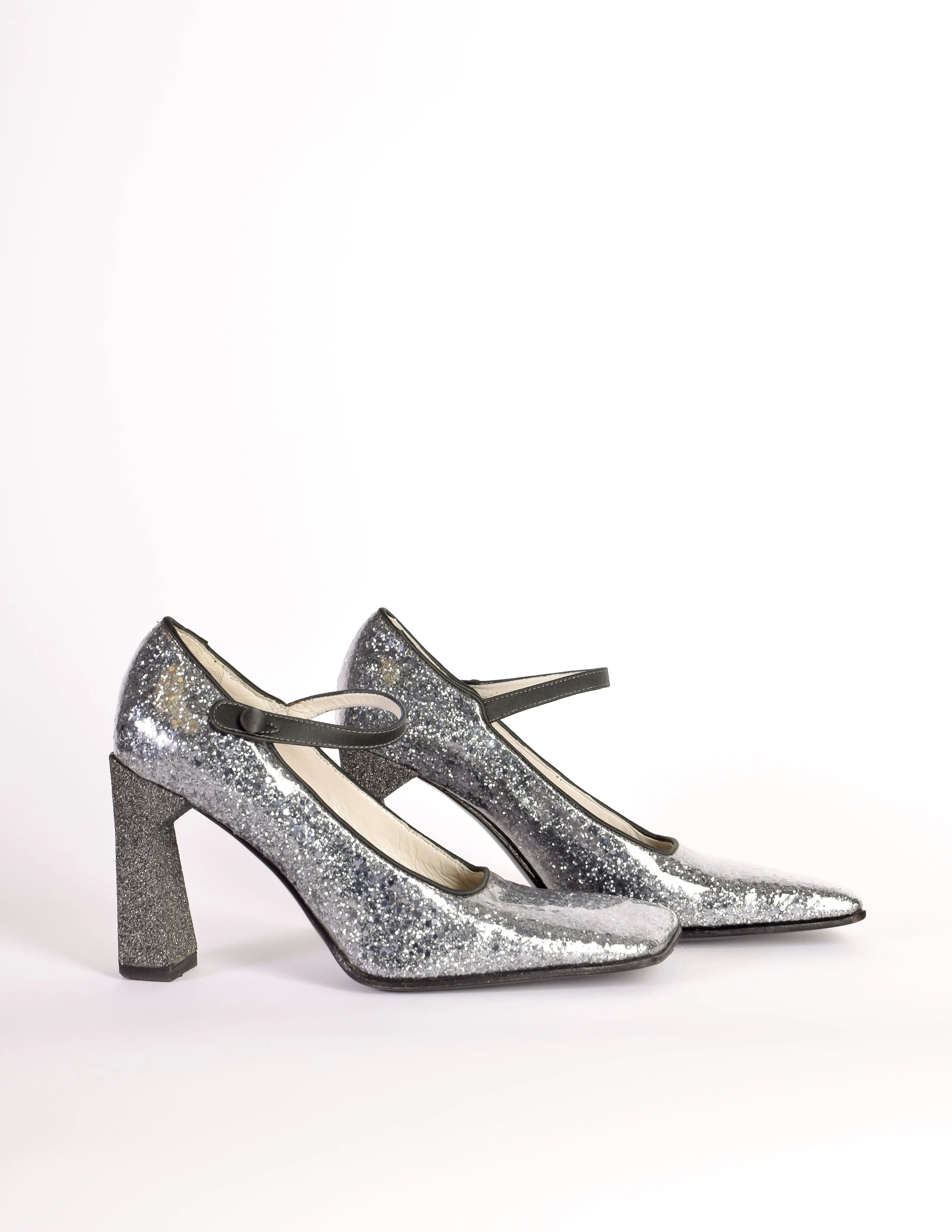 Miu Miu Vintage 1998 Grey Silver Glitter Patent Leather Mary Jane Heels Shoes