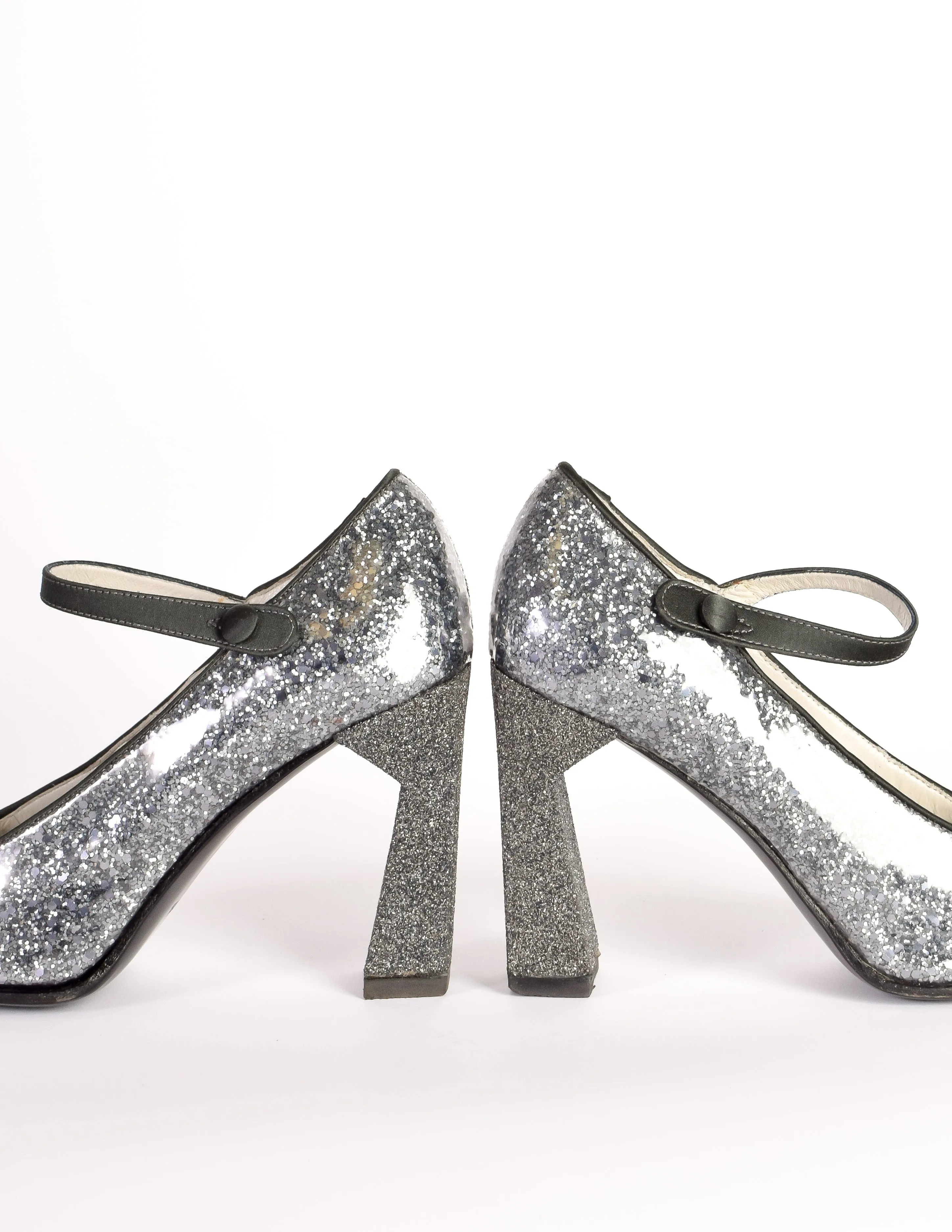 Miu Miu Vintage 1998 Grey Silver Glitter Patent Leather Mary Jane Heels Shoes