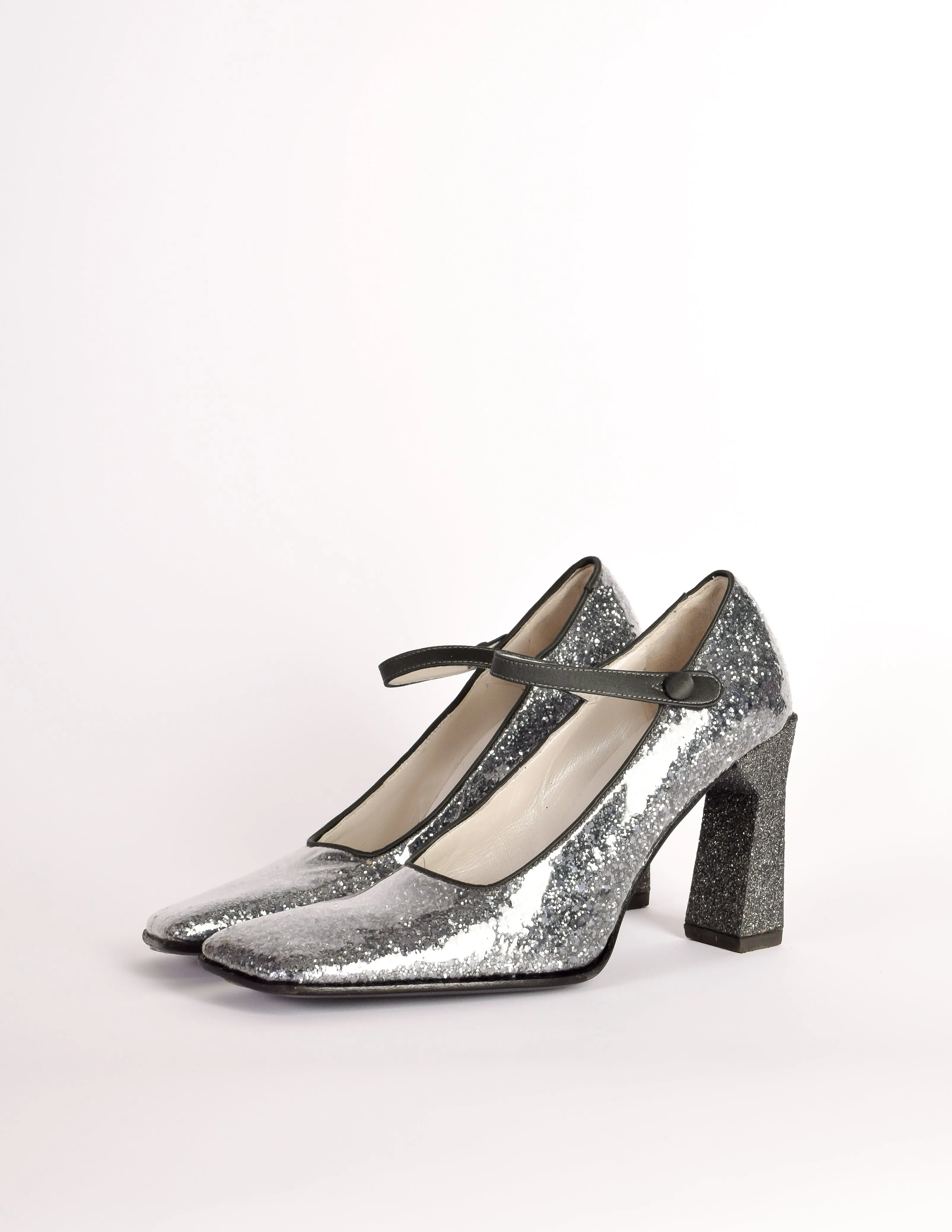 Miu Miu Vintage 1998 Grey Silver Glitter Patent Leather Mary Jane Heels Shoes