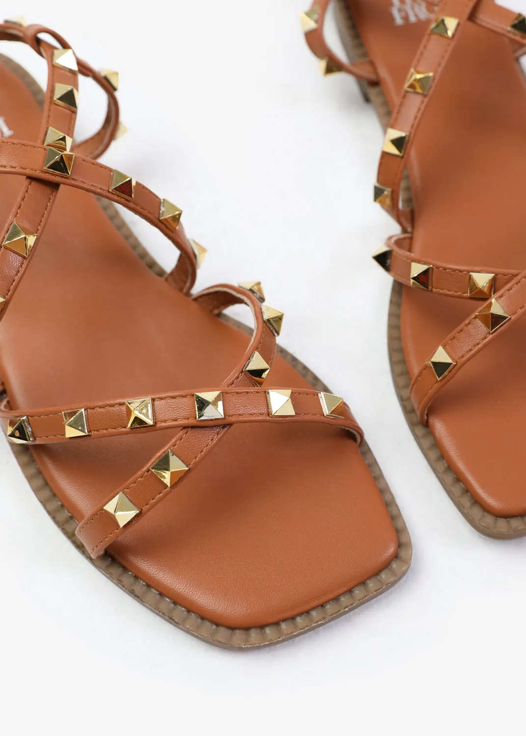 MONTANA GLADIATOR SANDAL WITH STUDD DETAIL IN TAN FAUX LEATHER