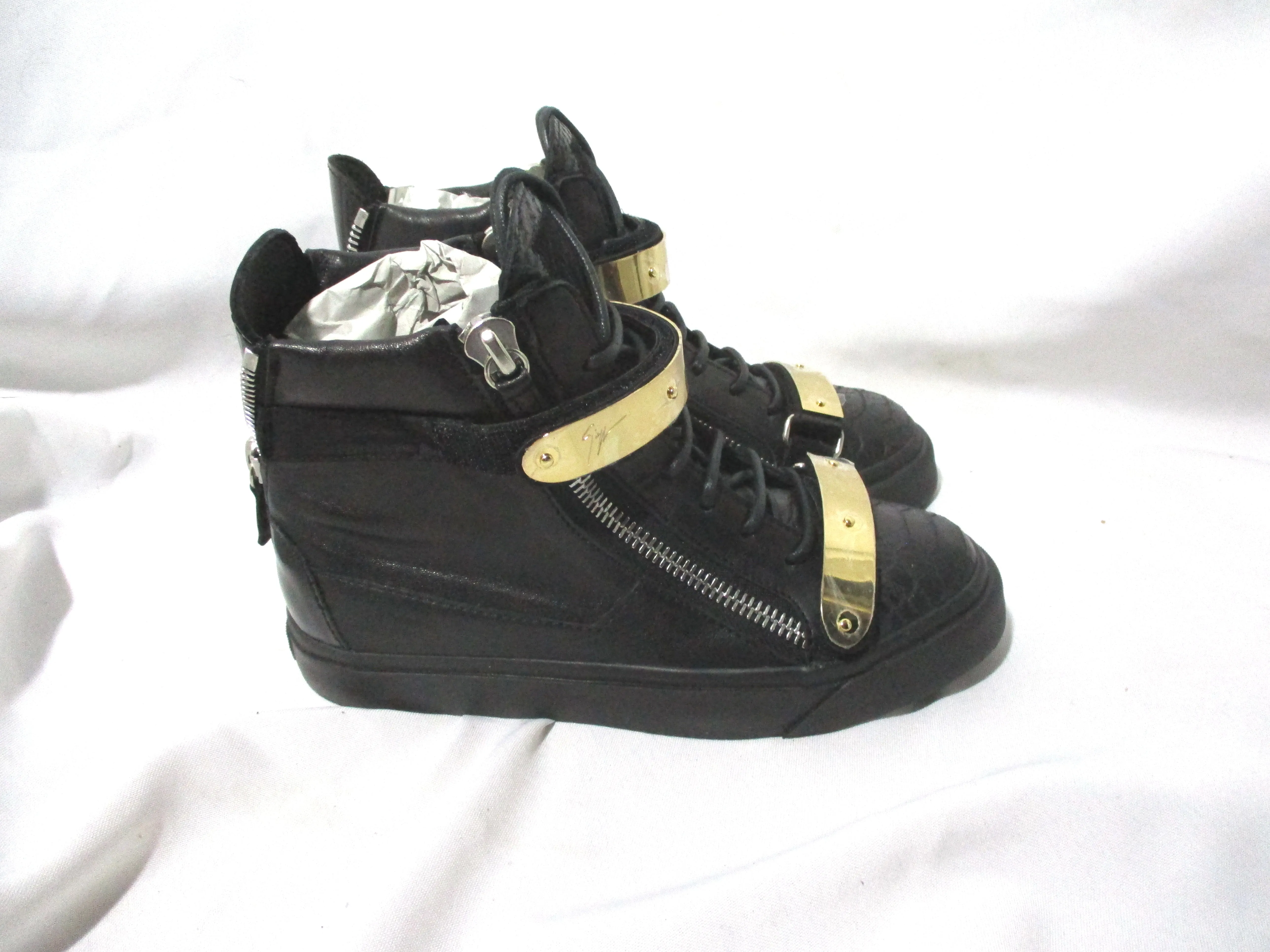 NEW GIUSEPPE ZANOTTI Hi-Top Sneaker Trainer Zip Plate Shoe Leather 36 Italy BLACK