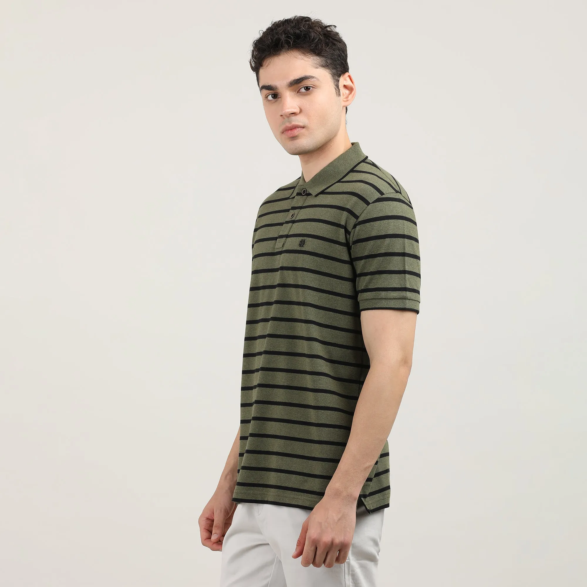 Olive Pique Lycra Stripes Polo T-shirt With Contrast Collar