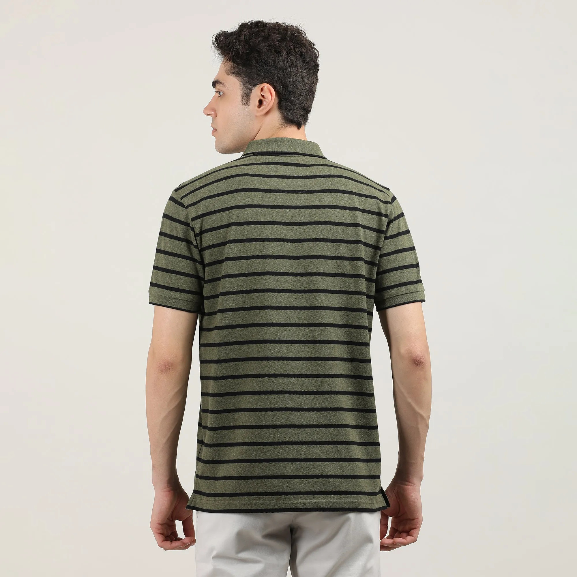 Olive Pique Lycra Stripes Polo T-shirt With Contrast Collar