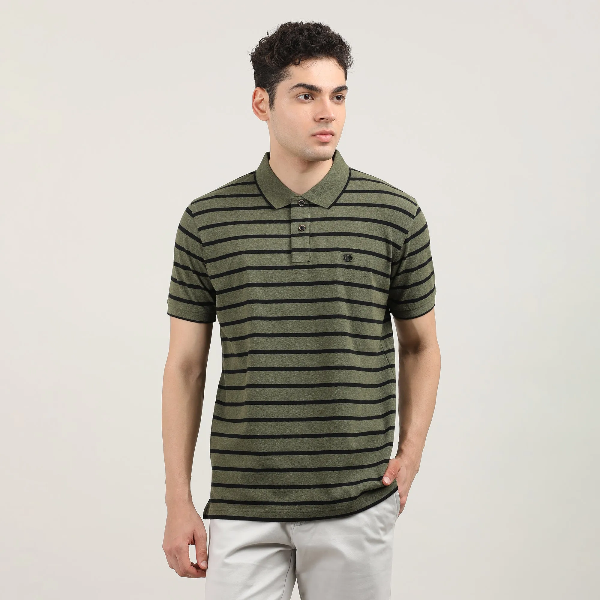 Olive Pique Lycra Stripes Polo T-shirt With Contrast Collar