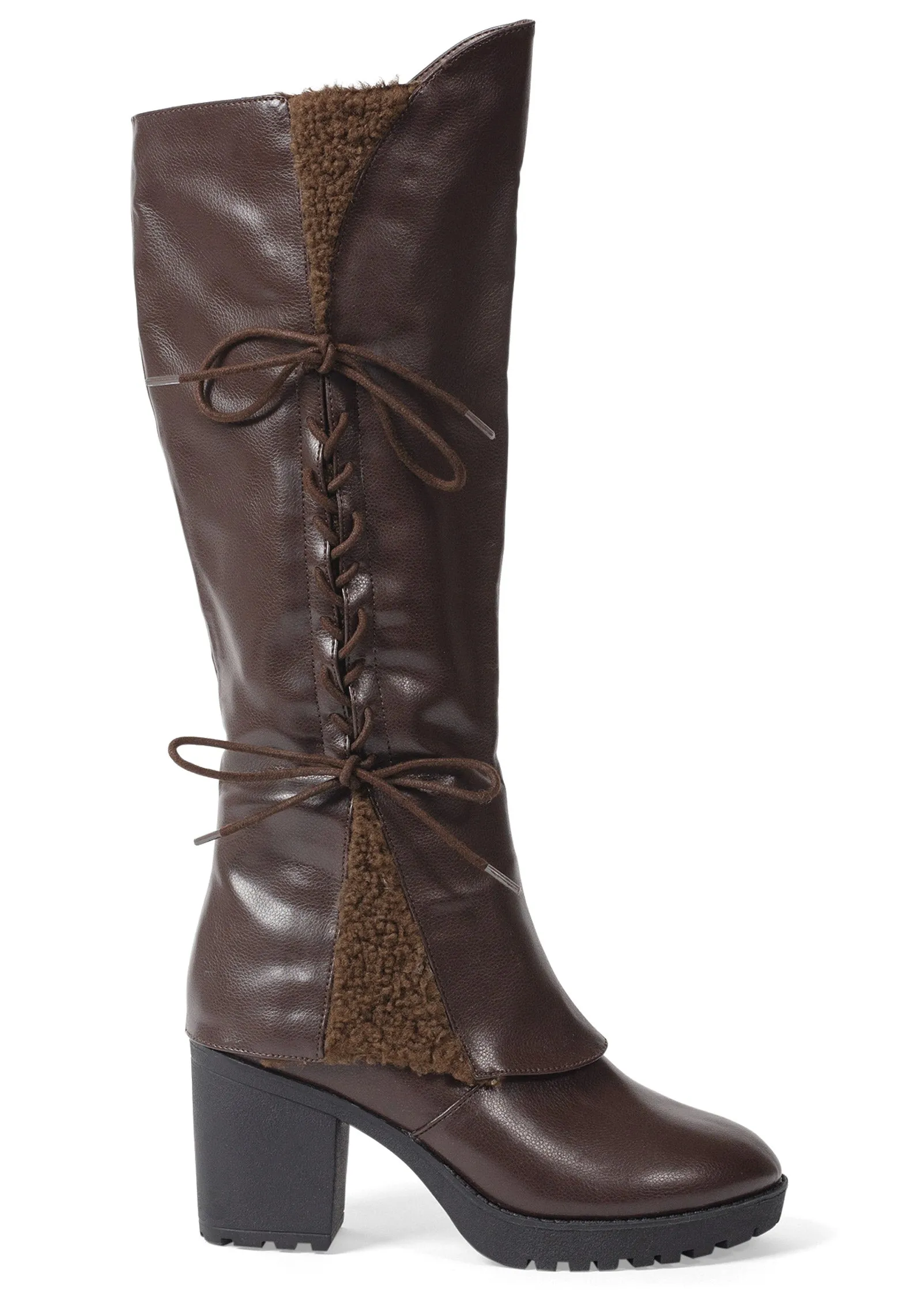 Sherpa Lace-Up Calf Boots - Dark Brown