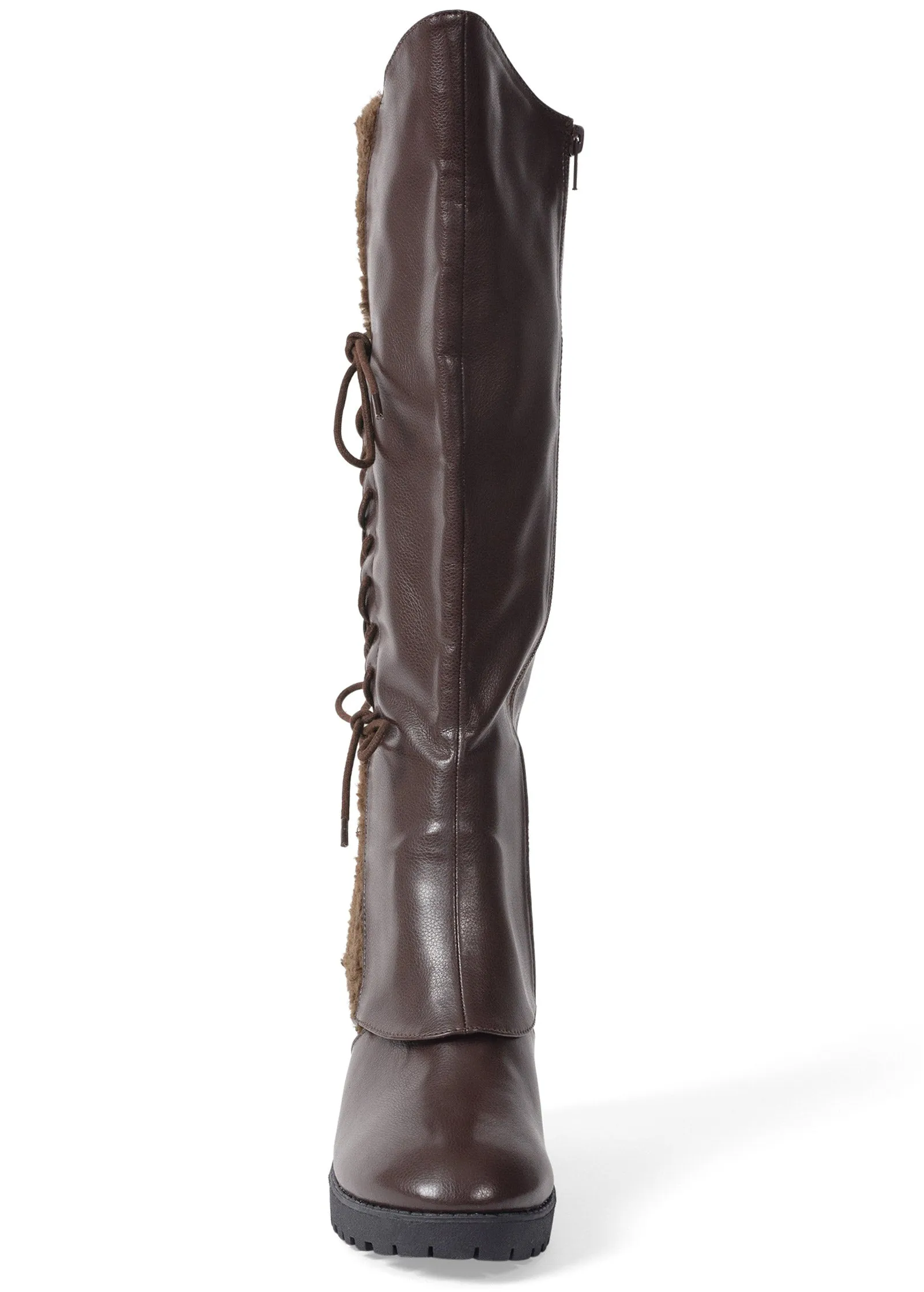 Sherpa Lace-Up Calf Boots - Dark Brown