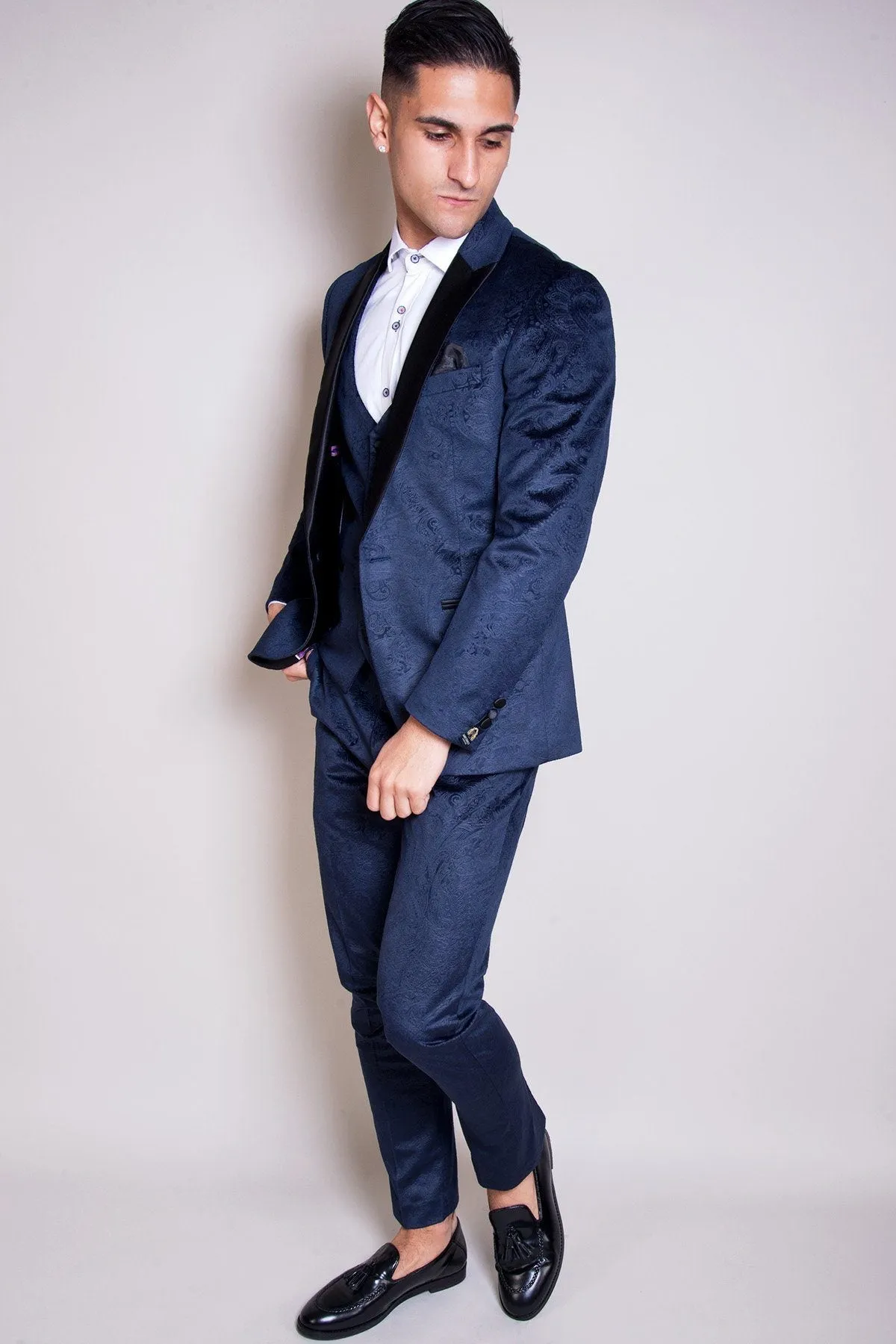 Simon Jacquard Navy Velvet Three Piece Suit :- Velvet Suit