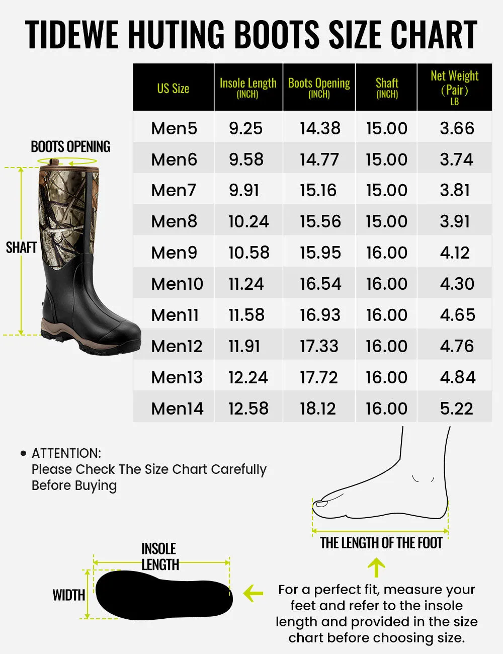 TideWe® Hunting Boots for Men 6mm Neoprene and Rubber Boot