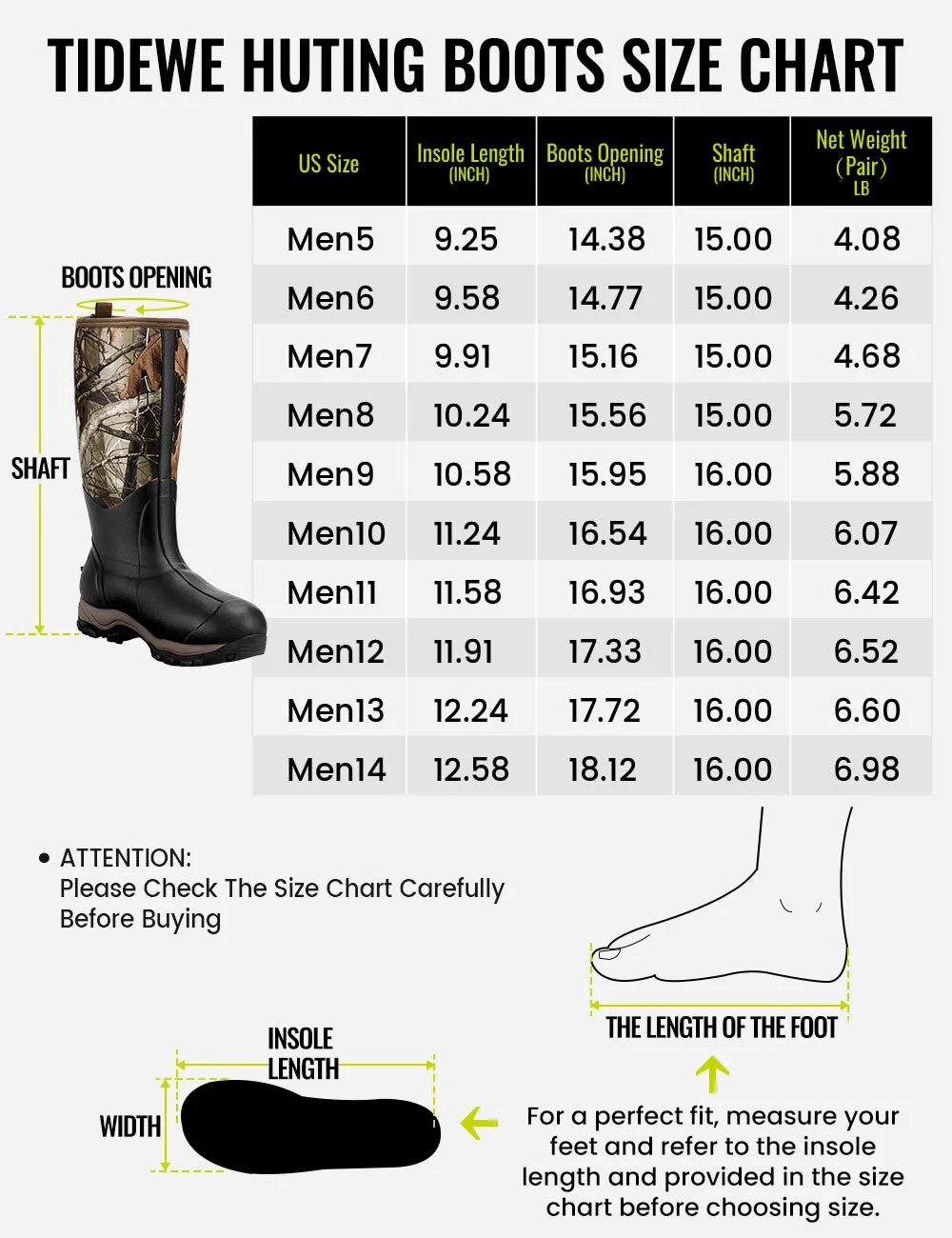 TideWe® Hunting Boots for Men 6mm Neoprene and Rubber Boot