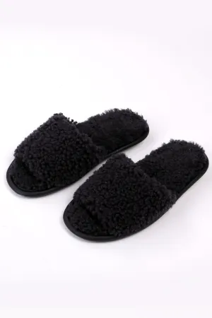 Unisex Open Toe Soft Sheepskin Slippers with Fur Lining in Aubergine Color