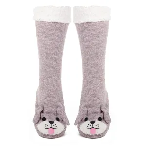 Women's Cute Knit Dog Slipper Socks - Pink/Grey