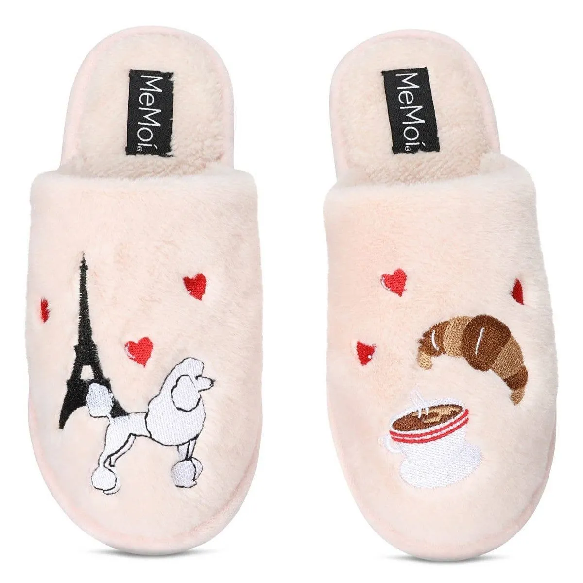 Women's I Love Paris Plush Slippers in Pale Blush | Indoor Slip-on Lady Slippers [Sizes S-L]